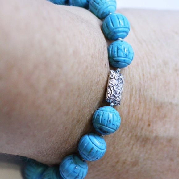 Natural Carved Turquoise Bracelet Handmade Sterling Silver 11th Anniversary - Picture 8 of 10